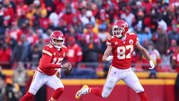 Jan 19, 2020; Kansas City, Missouri, USA; Kansas City Chiefs quarterback Patrick Mahomes (15) and tight end Travis Kelce (87) against the Tennessee Titans in the AFC Championship Game at Arrowhead Stadium. Mandatory Credit: Mark J. Rebilas-USA TODAY Sports